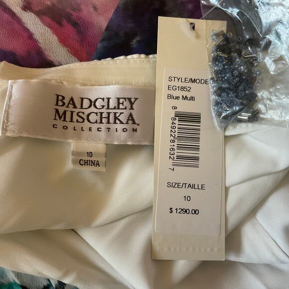 Badgley Mischka Backless Floral Print Beaded Halter Evening Gown White Size 10 - Picture 11 of 15